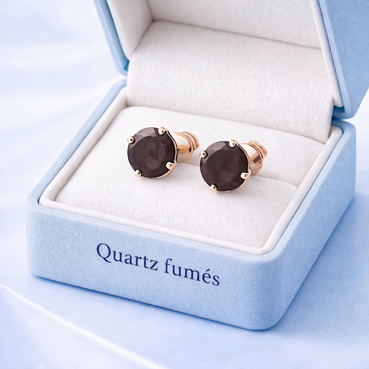 vue en écrin boucles d'oreilles quartz fume or jaune 18K