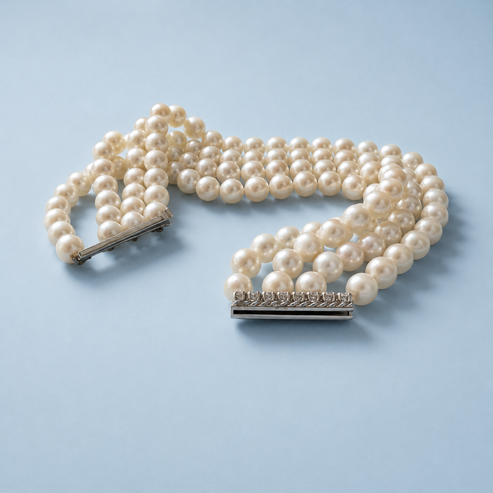 Bracelet perles de culture fermoir barrette diamants, travail français poinçon tête d'aigle — Valordiams