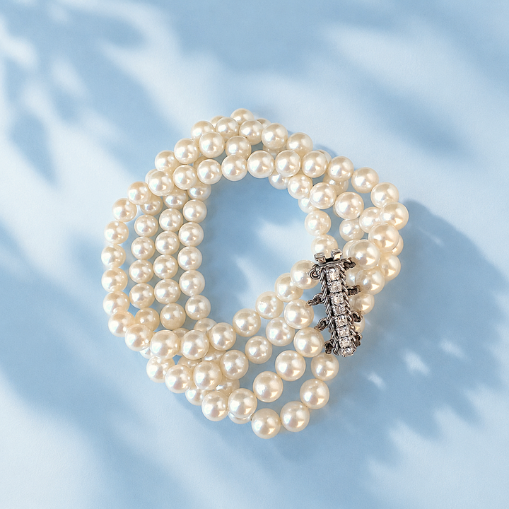 Bracelet 4 rangs perles de culture orient crème rosé nacré, or gris 18K vintage — Valordiams