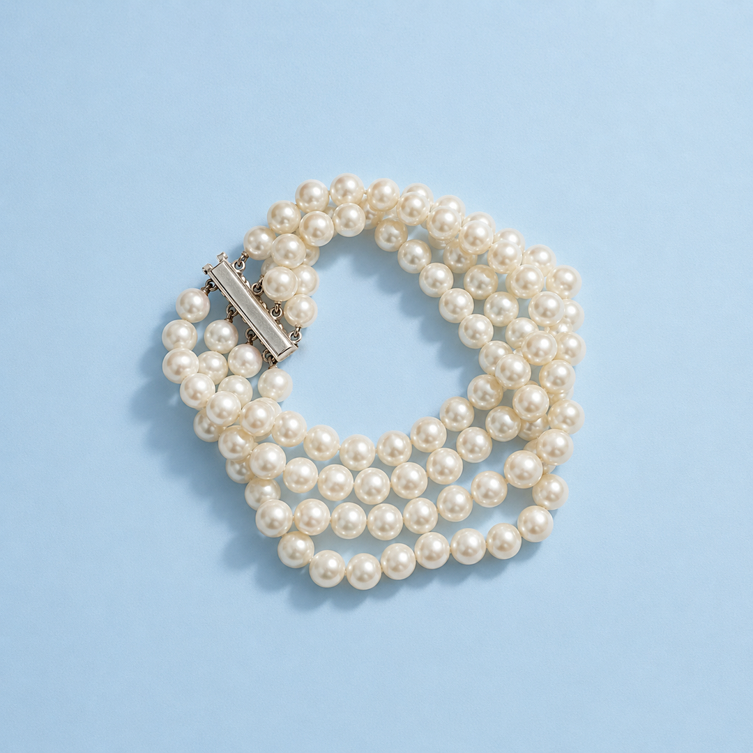 Bracelet vintage 1960 perles de culture fermoir barrette or gris, haute joaillerie française — Valordiams