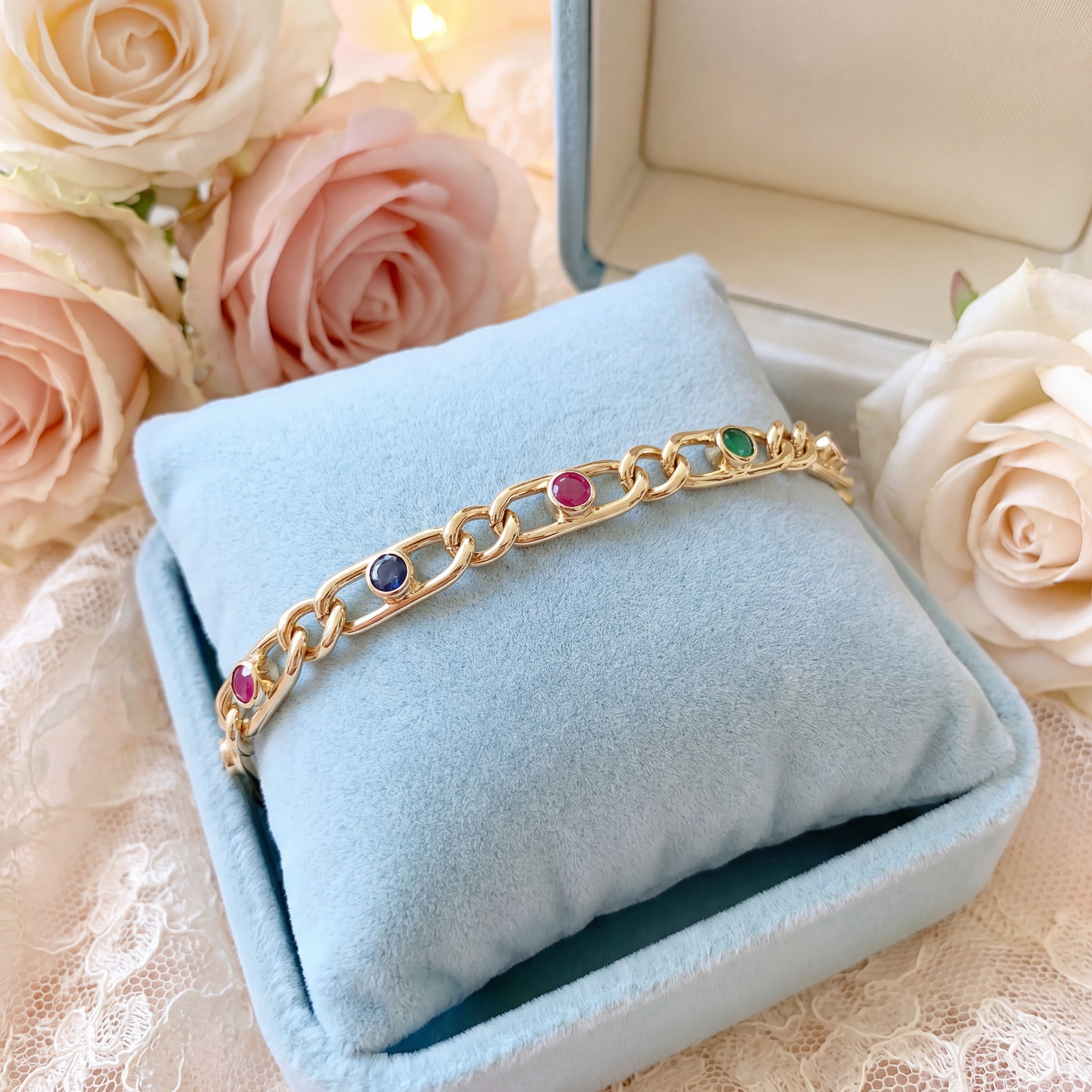 vue détaillée en écrin bracelet pierres précieuses or jaune 18K