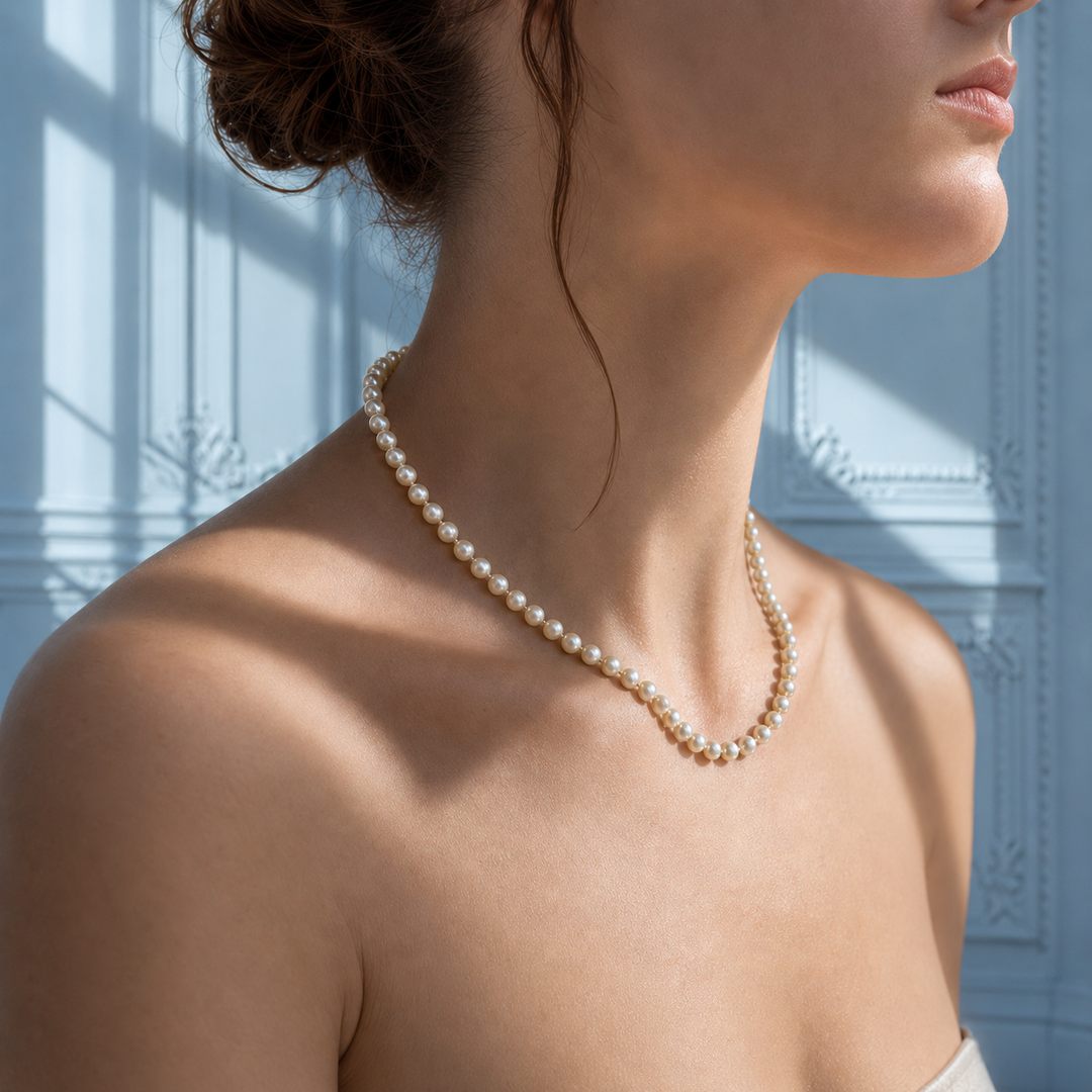 Collier de perles de culture porté, vue de profil sur la nuque, bijou de seconde main pour femme