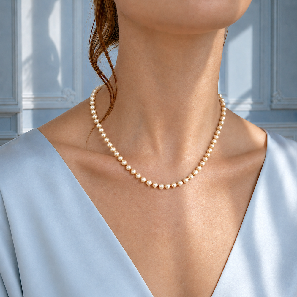 Collier de perles de culture porté au décolleté, femme en robe bleu ciel, bijou de luxe d'occasion élégant