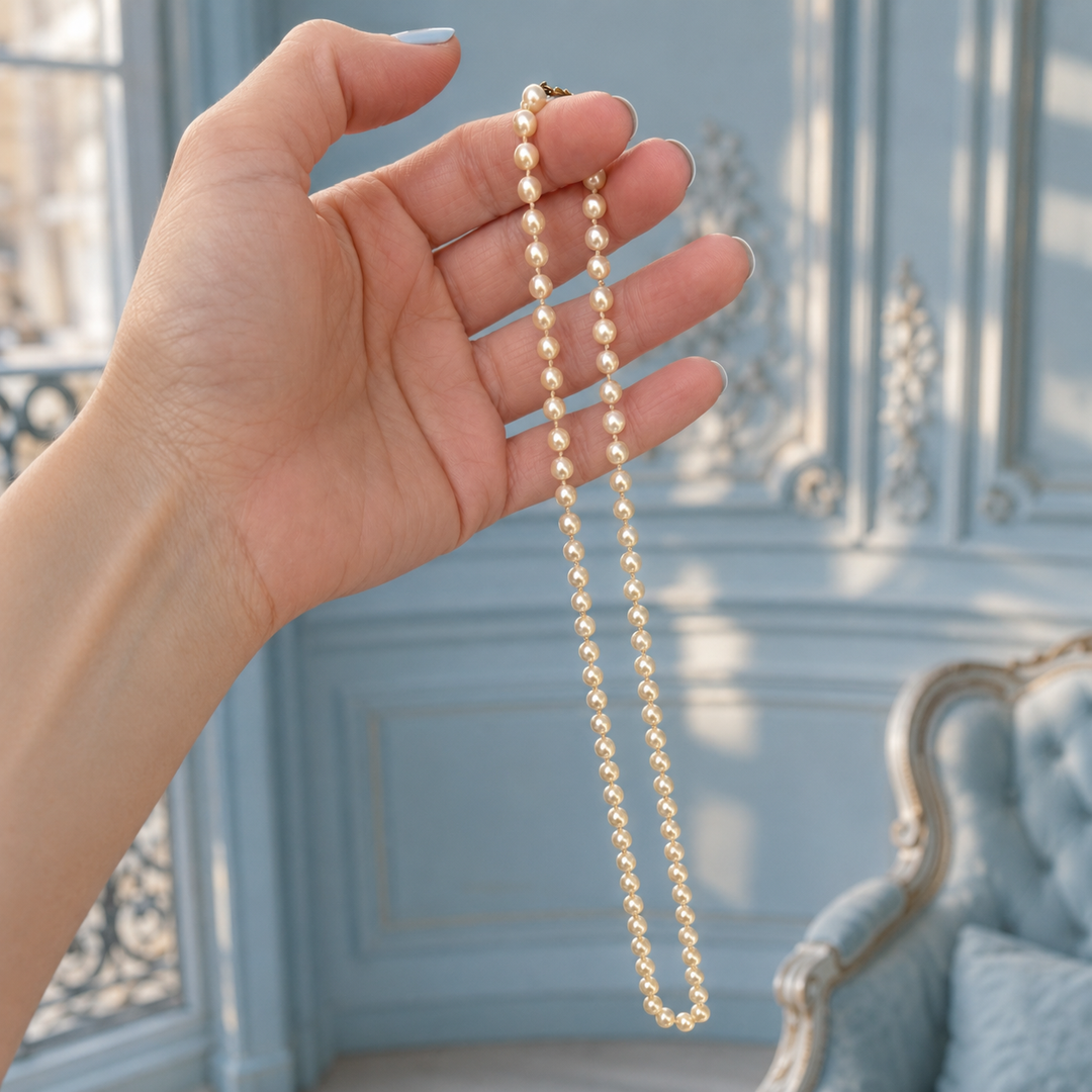 Collier de perles de culture porté à la main, bijou de joaillerie raffiné pour femme