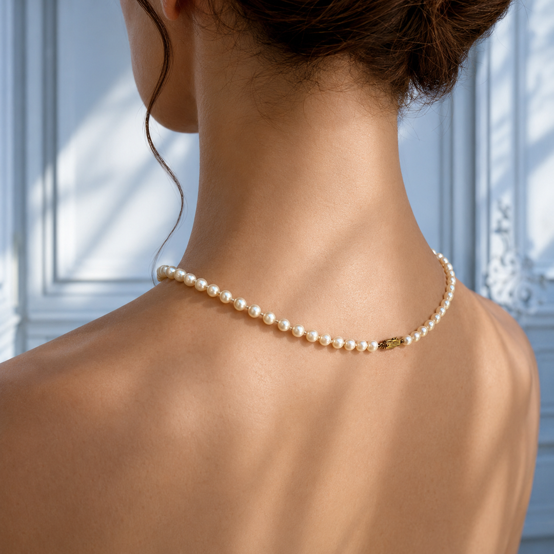 Collier de perles de culture porté de dos, vue sur l'épaule, bijou de joaillerie pour femme