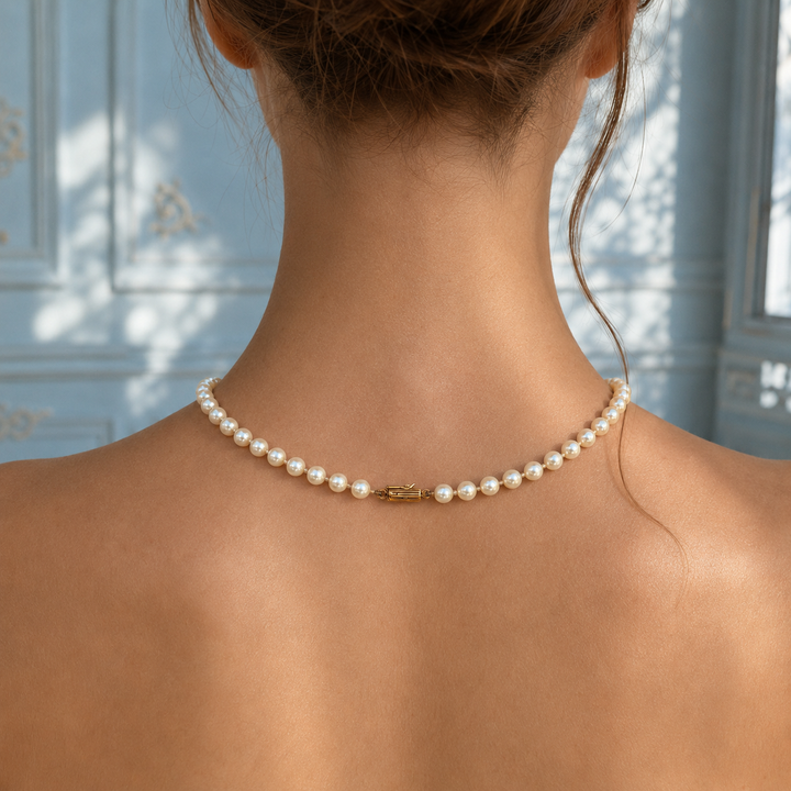 Collier de perles de culture porté de dos, fermoir or jaune 18K au centre de la nuque