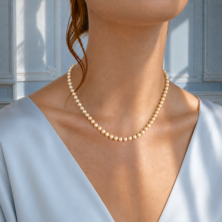 Collier de perles de culture porté au décolleté, bijou précieux de joaillerie pour femme