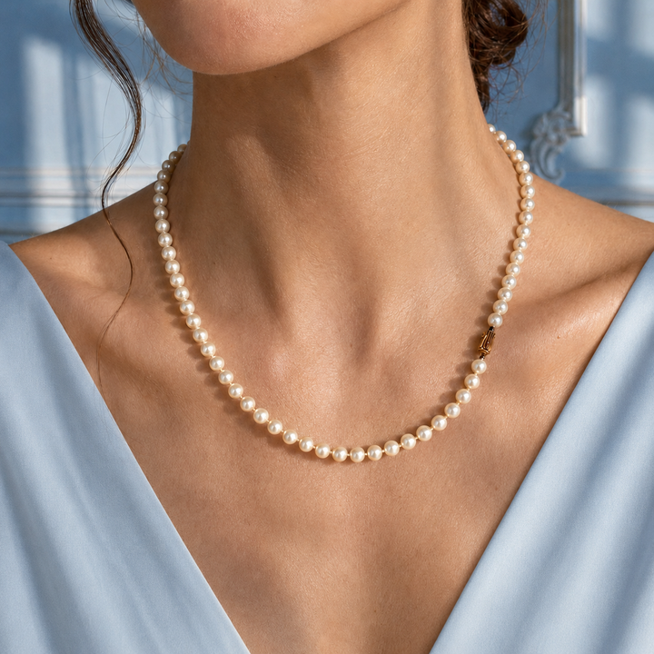 Gros plan du collier porté au cou avec zoom sur le fermoir en or jaune 18K