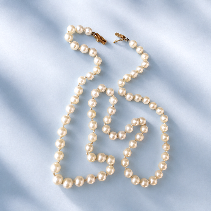 Vue d'ensemble du collier de perles de culture avec fermoir ouvert, bijou authentique pour femme