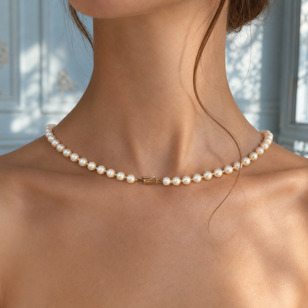Collier de perles de culture porté au cou, fermoir or jaune 18K visible sur femme