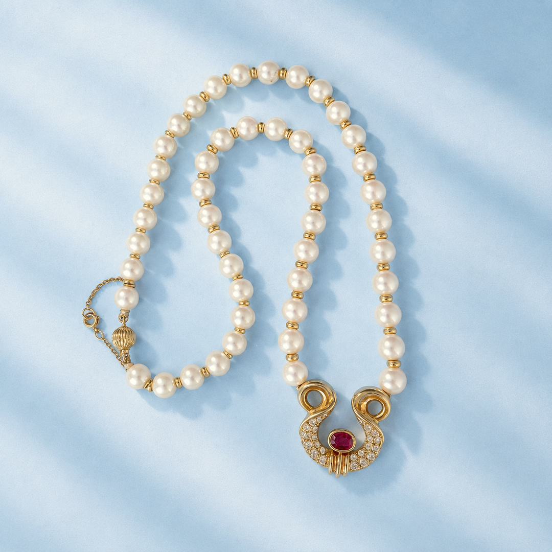 Collier perles de culture femme – rubis, diamants, or jaune 18K
