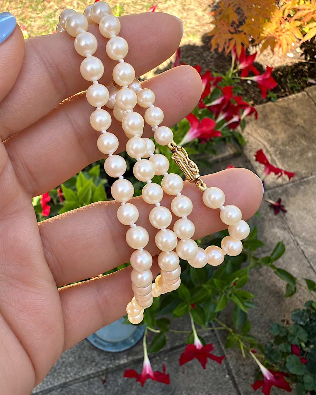 Collier de perles de culture tenu en main, macro, en extérieur devant des fleurs, bijou de luxe de seconde main