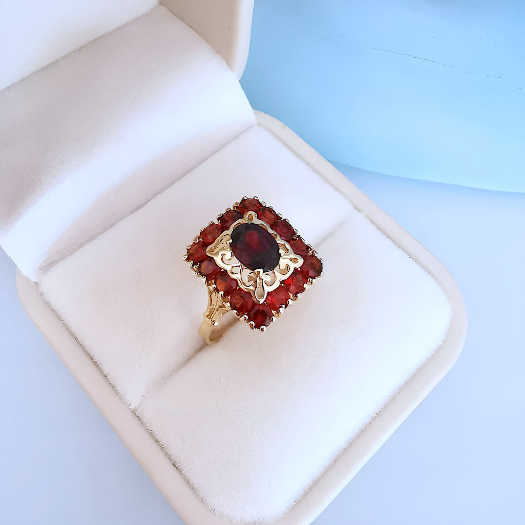 photo dans un écrin joaillerie circulaire Bague grenats Or jaune 18 carats