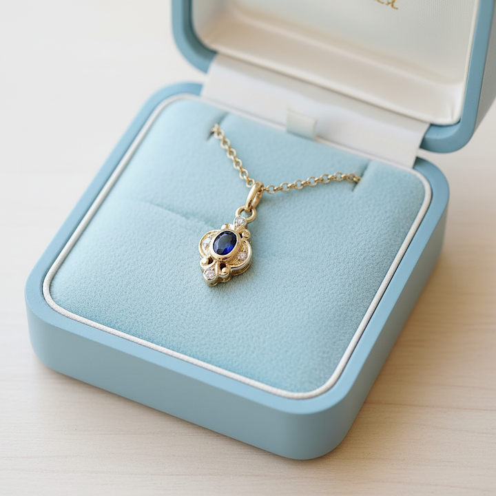 vue détaillée de la monture pendentif femme occasion saphir diamants or jaune 18K