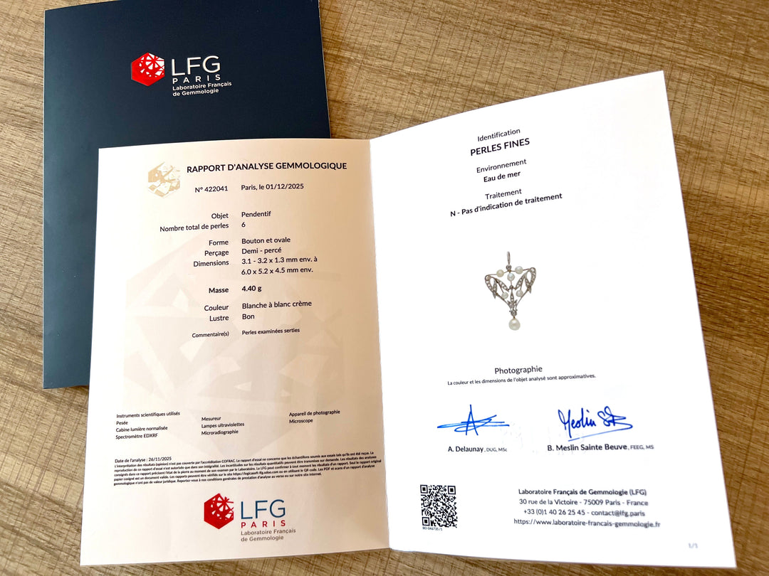Certificat LFG Paris — perles fines naturelles certifiées, collier Art Nouveau Valordiams