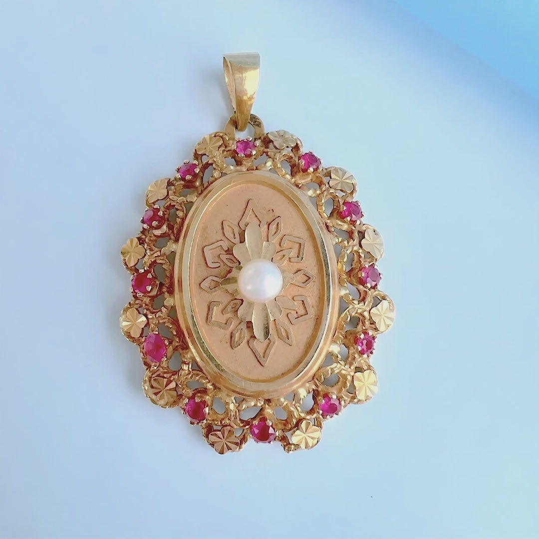 Pendentif médaillon vintage (1950-1960) Or rose 18K (750/1000) perle de culture
