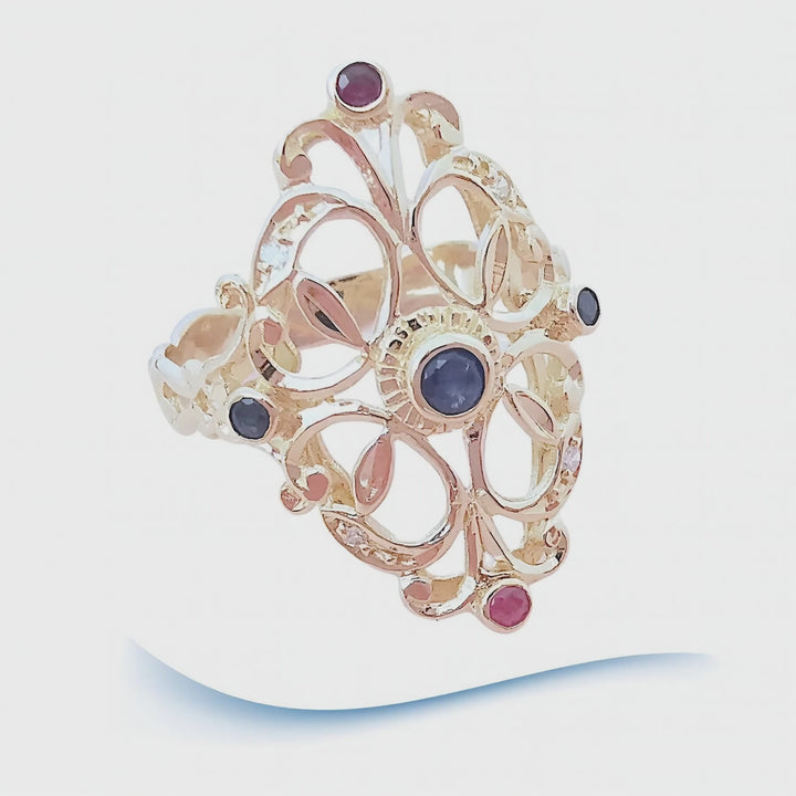 joaillerie francaise bague ajourée rubis diamants saphirs or 18K