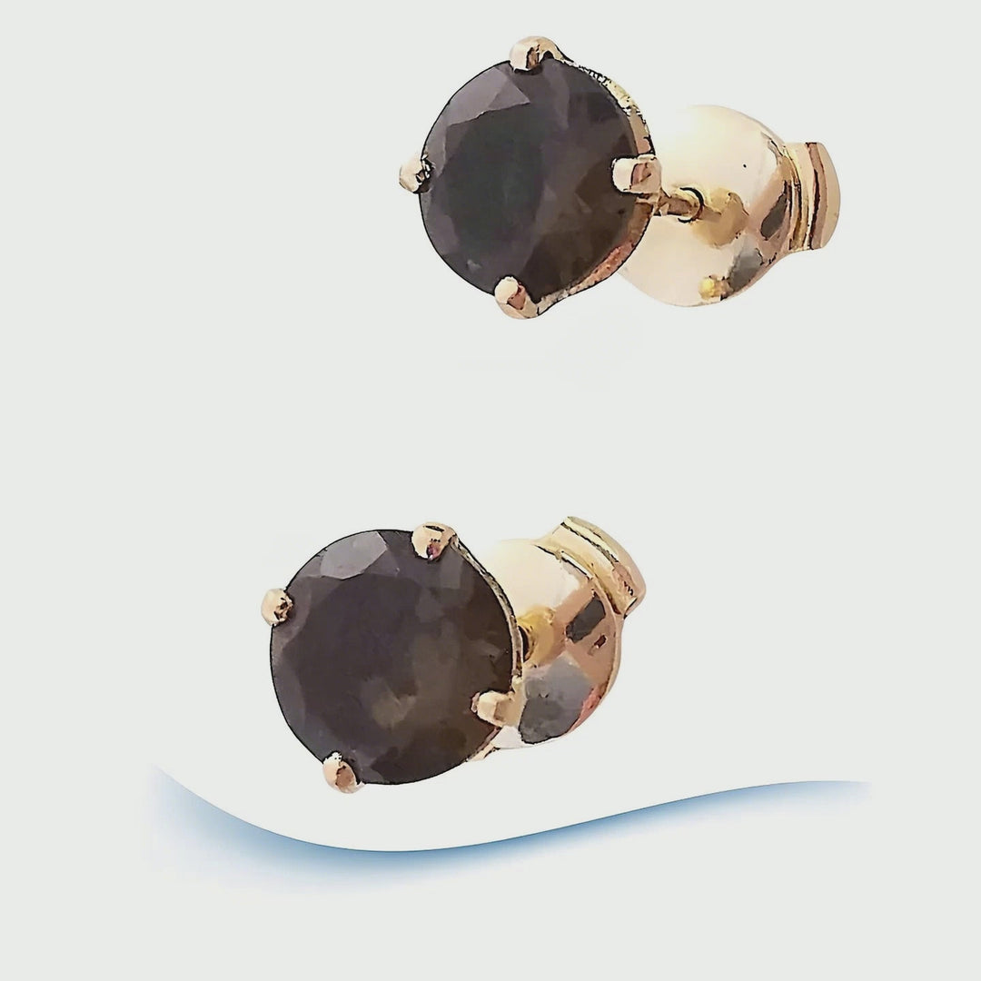 Neuves Boucles d’oreilles puces en Or Jaune 18 K (750/1000) – Quartz Fumé diamètre de 6 mm