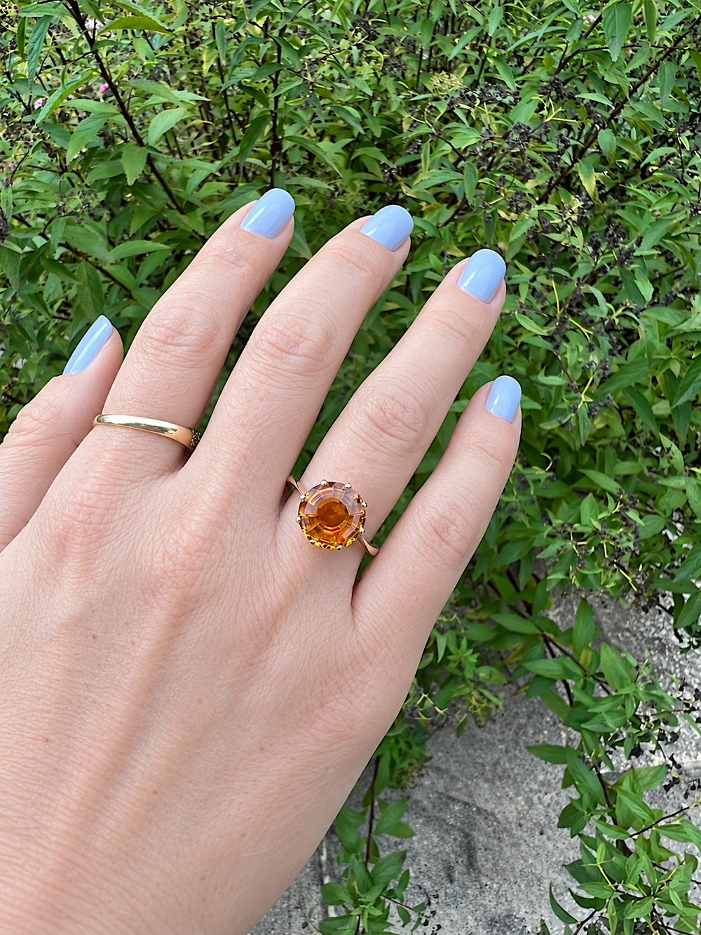 Bague citrine or jaune 18K portée à la main, ongles bleu clair, vue de dessus sur la pierre ronde, devant un feuillage vert