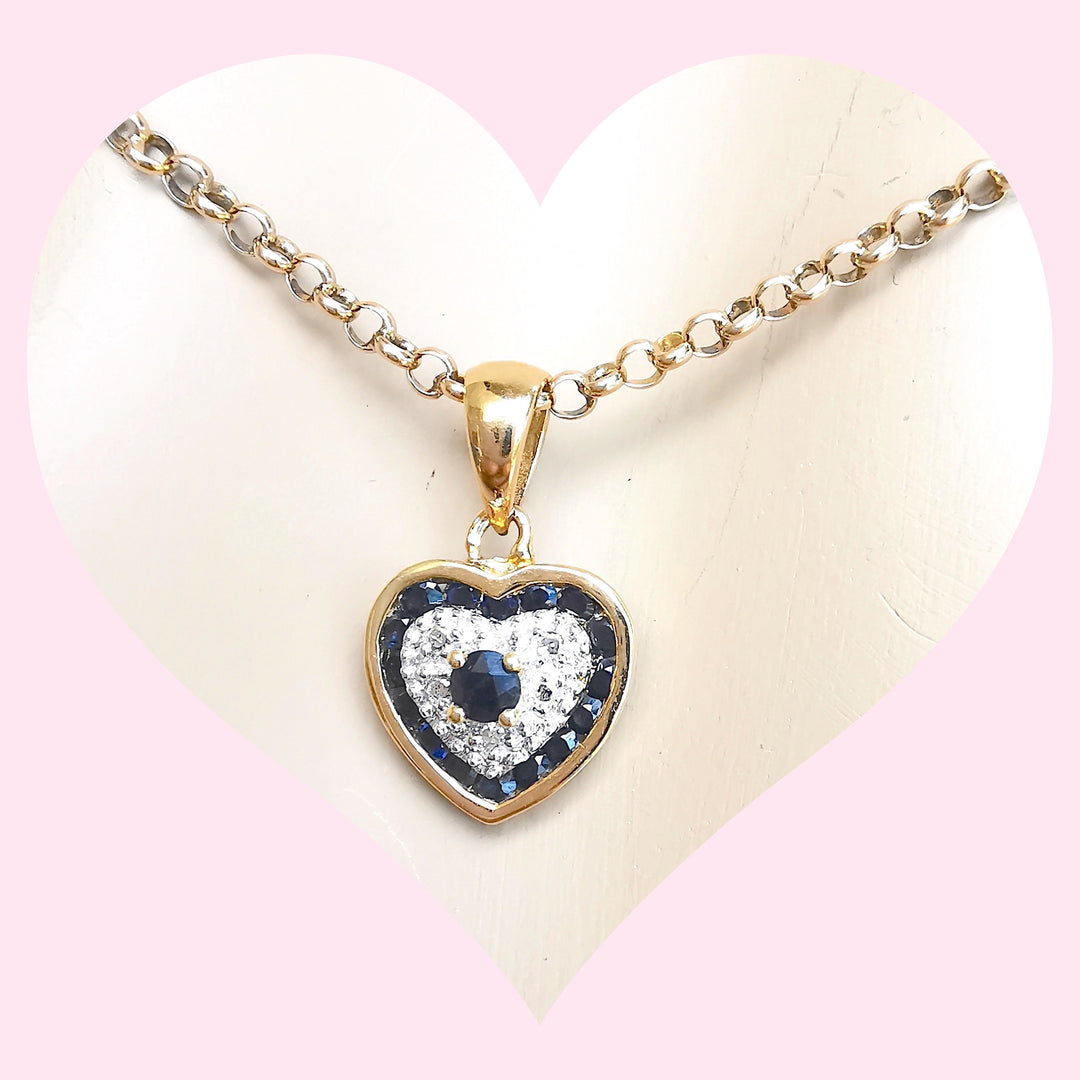 Pendentif coeur / Saphirs / Diamant / Or 18 K / 18 carats / (750°/°°)