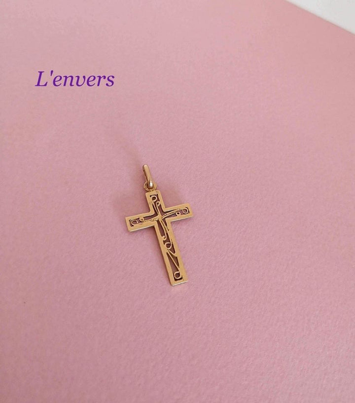 Collier Chaîne + Pendentif Croix Religieuse / Or Jaune 18 K / 750 / 18 carats