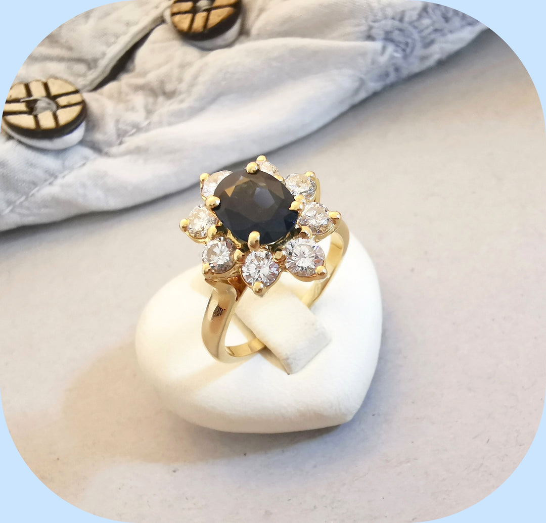 Bague Marguerite / Saphir / Diamants / Or Jaune 18K / 18 carats / Joaillerie 750/1000