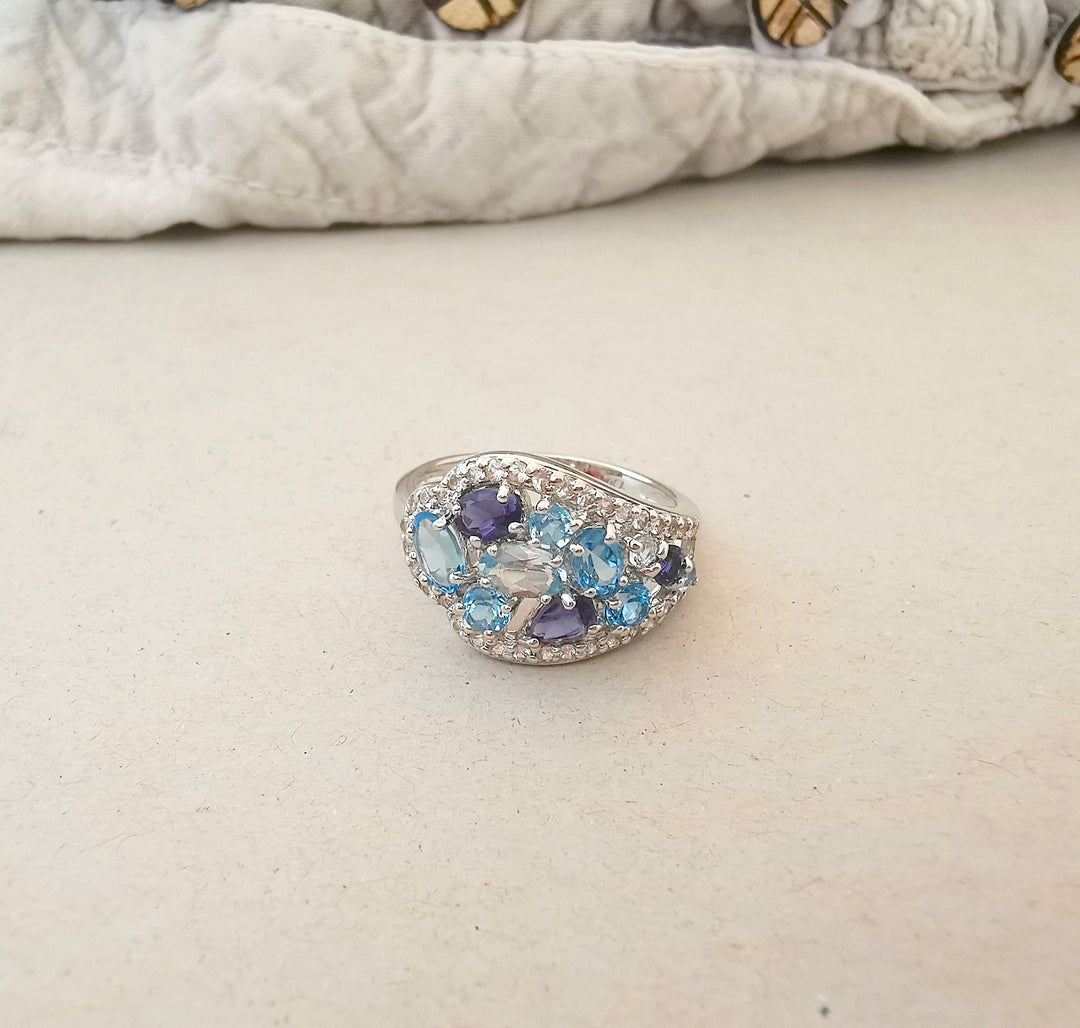 Bague Or Blanc 18 K / Améthystes / Topazes / Diamants / Or 18 carats / 750