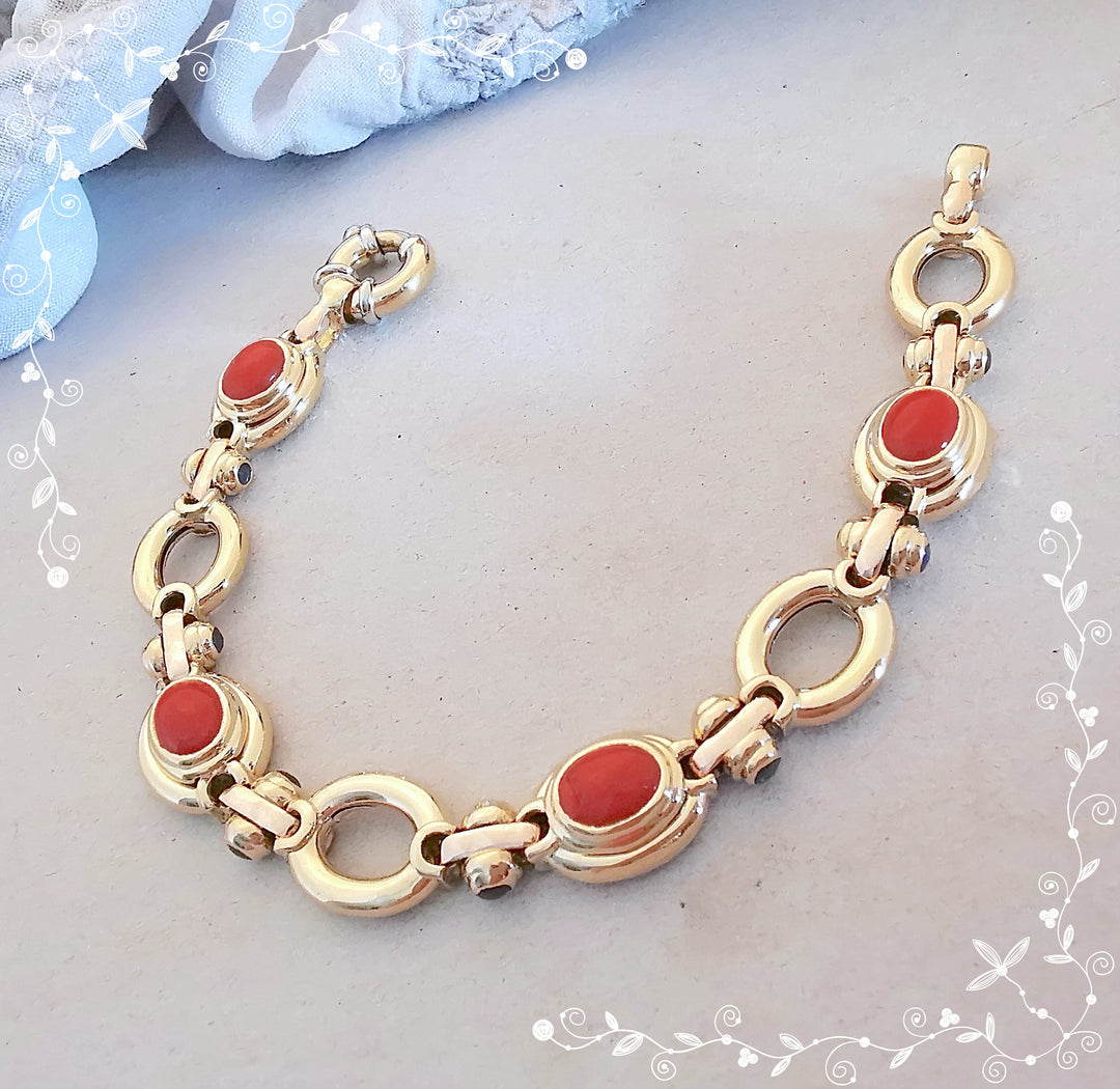 Bracelet / Gourmette / Corail / Saphirs / Or 18 K / 18 carats / (750°/°°)