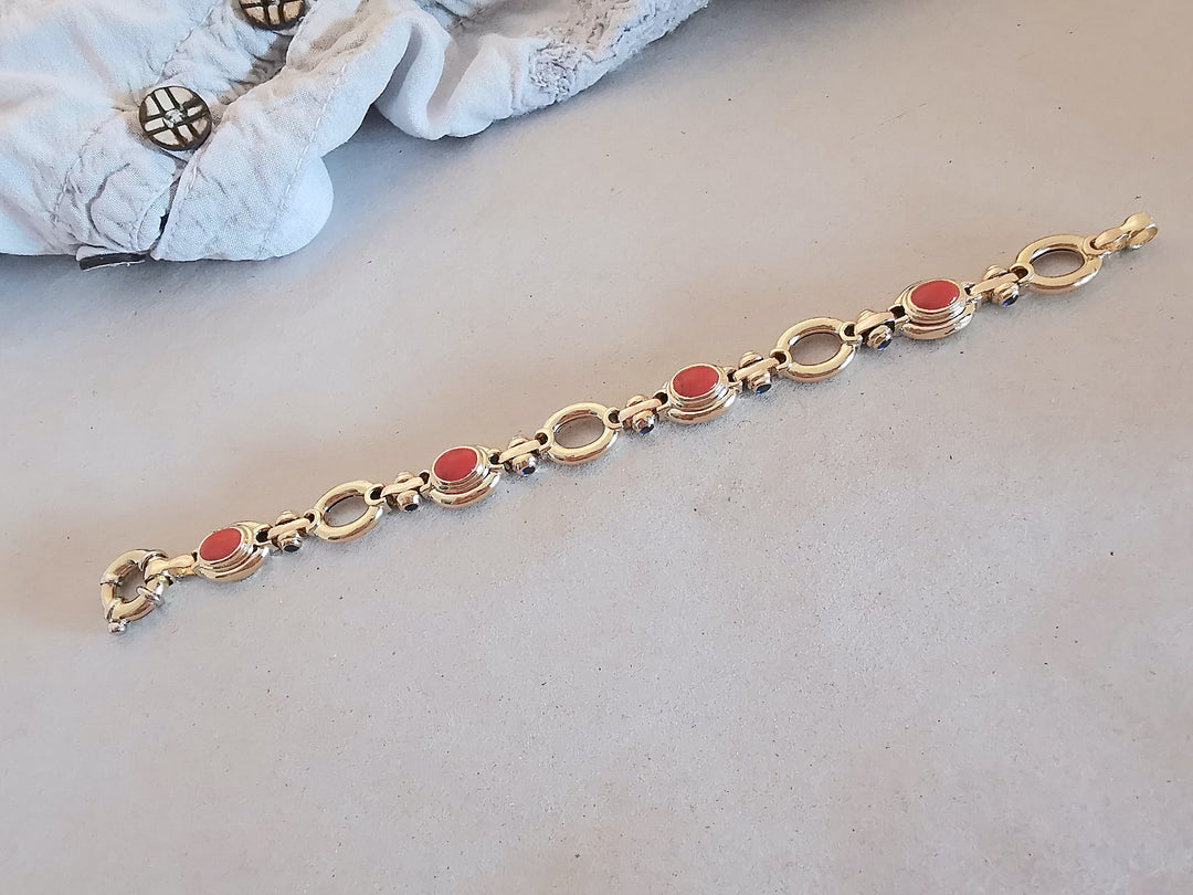 Bracelet / Gourmette / Corail / Saphirs / Or 18 K / 18 carats / (750°/°°)