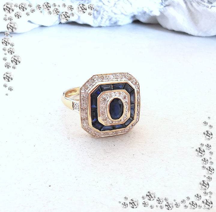 Bague octogonale Saphirs / Diamants / Or 18 K / (750°/°°) / 18 carats