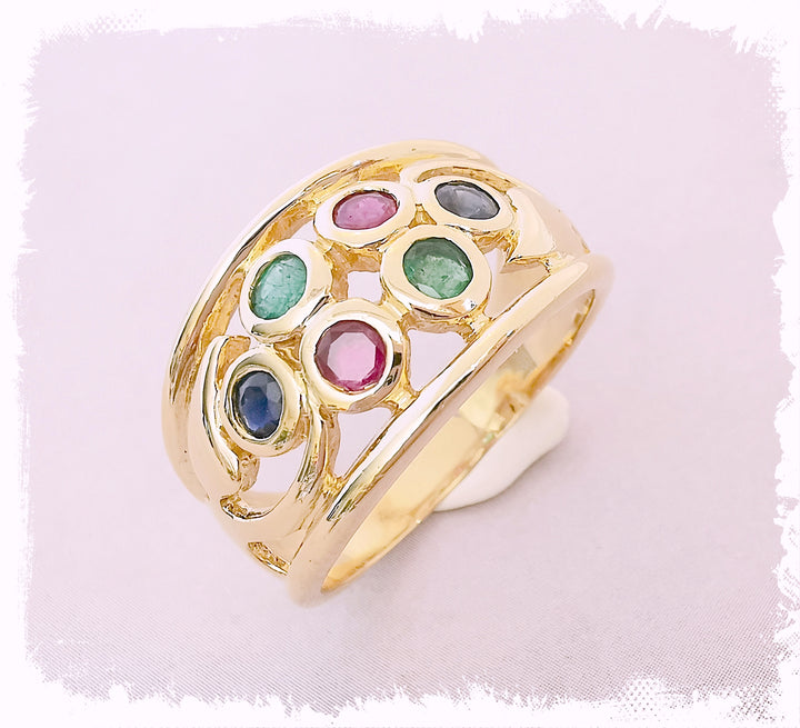 Bague Jonc / Emeraudes / Rubis / Saphirs / Or Jaune 18 K / 18 carats / (750°/°°)