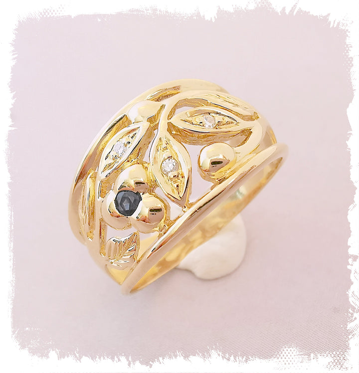 Bague Jonc Diamants / Saphir / Motifs floraux / Or Jaune 18 K / (750°/°°) / 18 carats