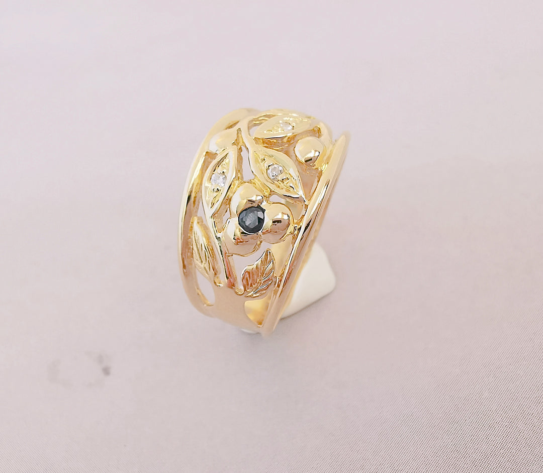 Bague Jonc Diamants / Saphir / Motifs floraux / Or Jaune 18 K / (750°/°°) / 18 carats