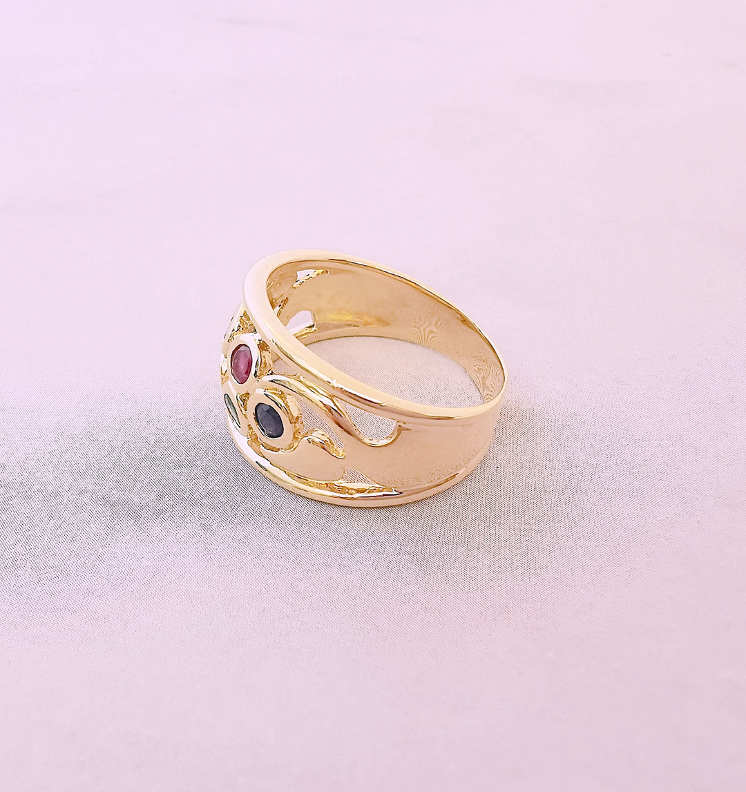 Bague Jonc / Emeraudes / Rubis / Saphirs / Or Jaune 18 K / 18 carats / (750°/°°)