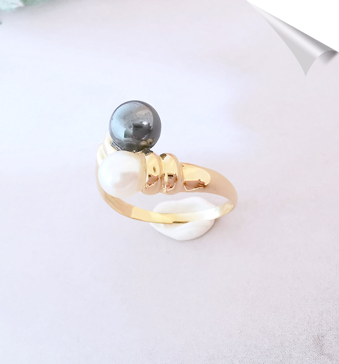 Bague " Toi et Moi " Perle de culture - Hématite Or Jaune 18 K (750°/°°) 18 carats
