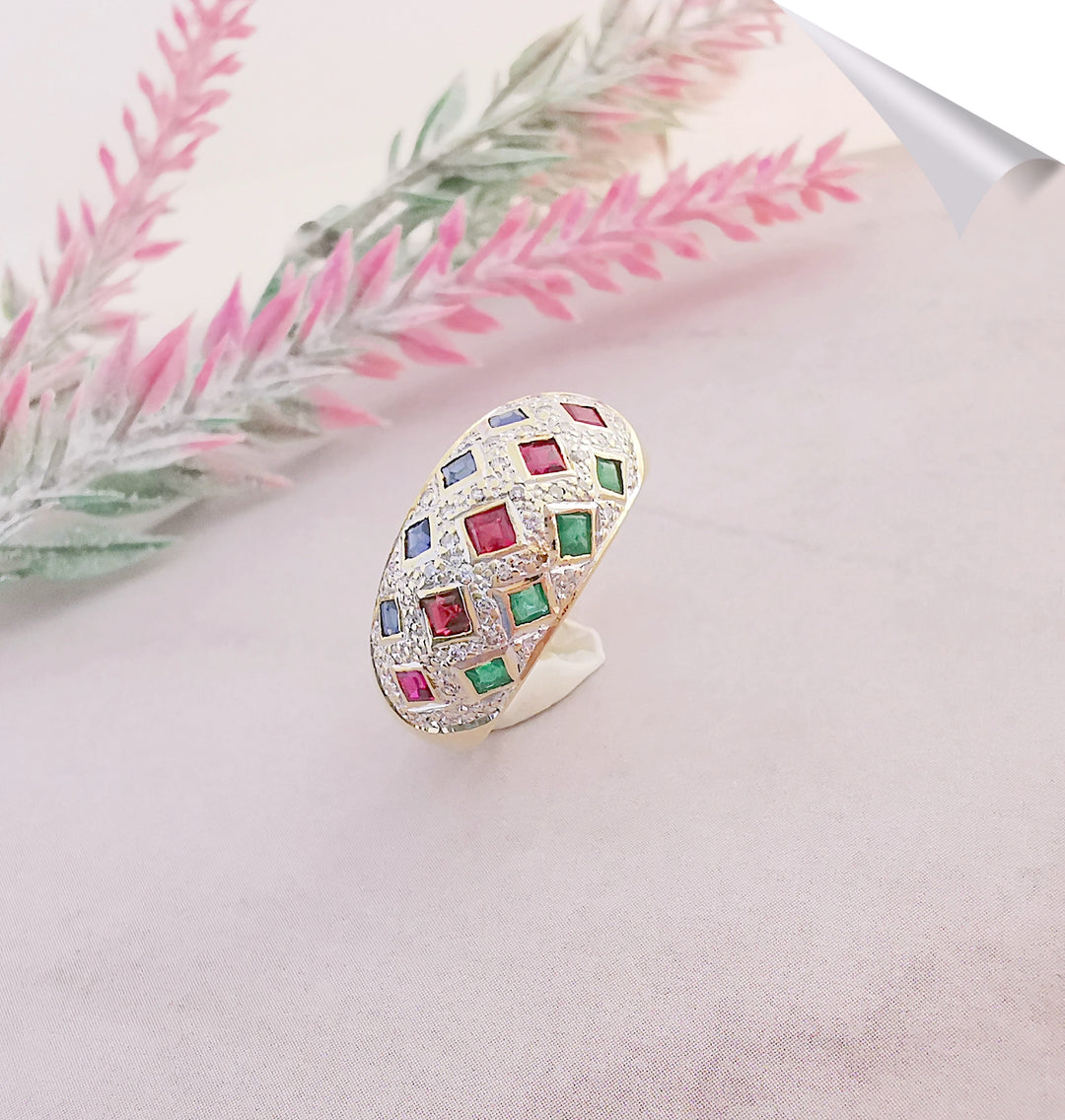 Bague Jonc Arlequin / Emeraudes / Rubis / Saphirs / Diamants / Or 18 K / 18 carats / (750°/°°)