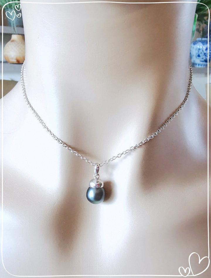 Collier Pendentif Perle de Tahiti grise Ø 9,85 mm Or Blanc 18 K (750°/°°) 18 carats