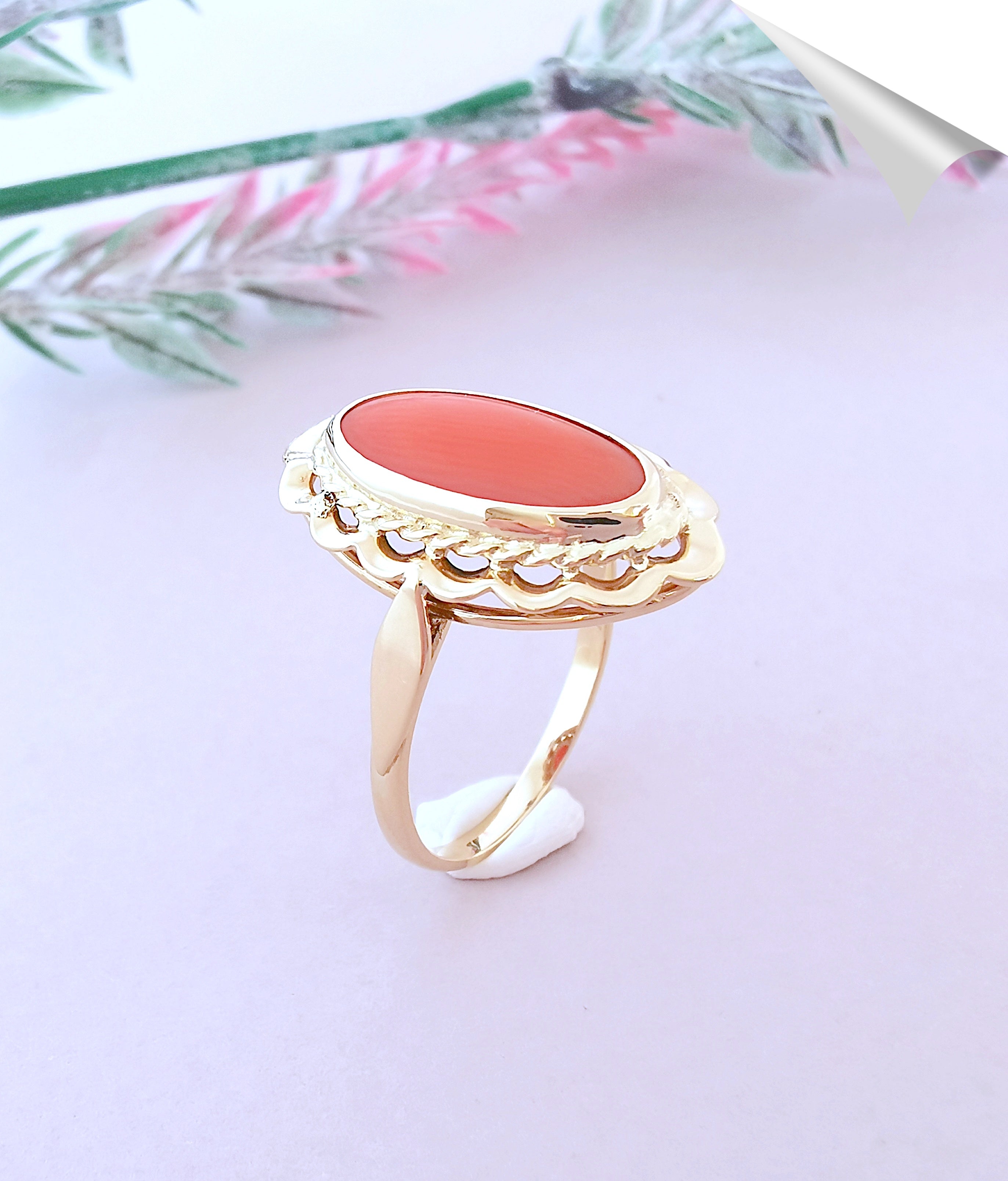 Parure Bague Boucles d oreilles Corail en cabochon Or 18 K