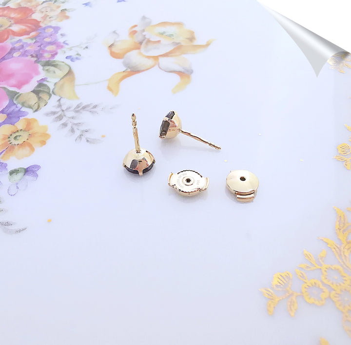 bijou  puces d'oreilles en Or Jaune 18K quartz fume